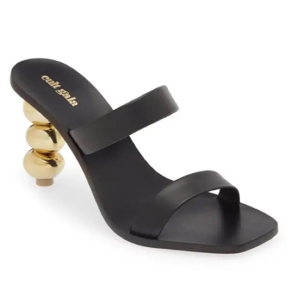 CULT GAIA Meta Black Leather Gold Metallic Architectural Heel Slide Sandal Sz 39 - Picture 2 of 12